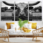 Black White Texas Longhorn Bull Canvas Wall Art, Western Ranch Cattle