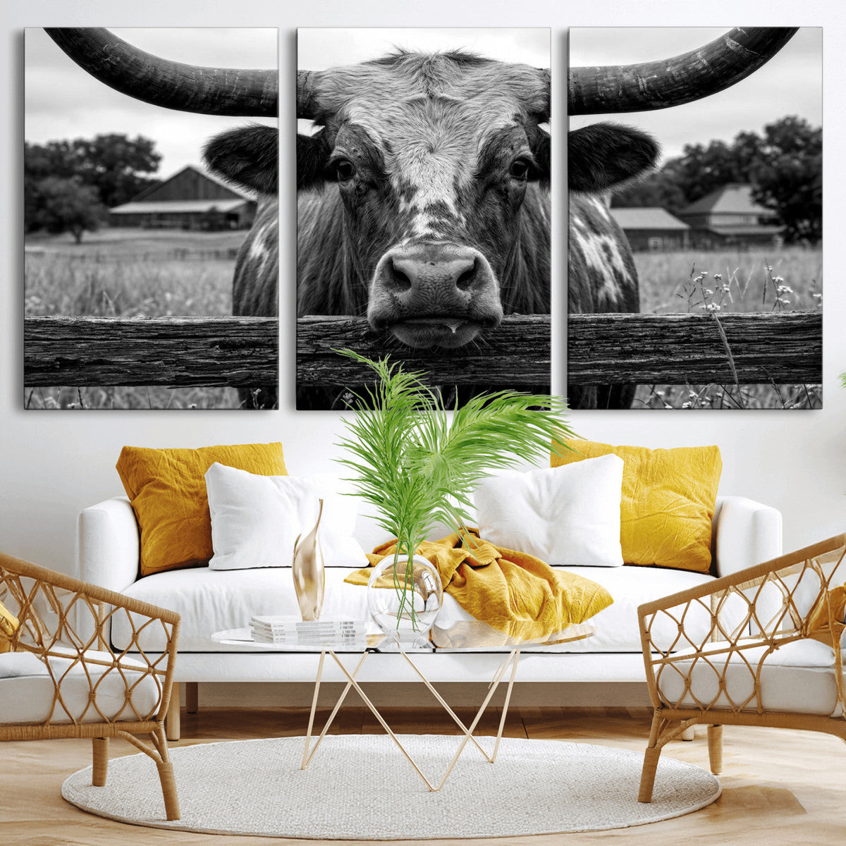 Black White Texas Longhorn Bull Canvas Wall Art, Western Ranch Cattle
