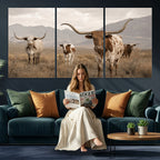 Rustic Texas Longhorn Cow Canvas Wall Art Print, Rustic Farm Animal