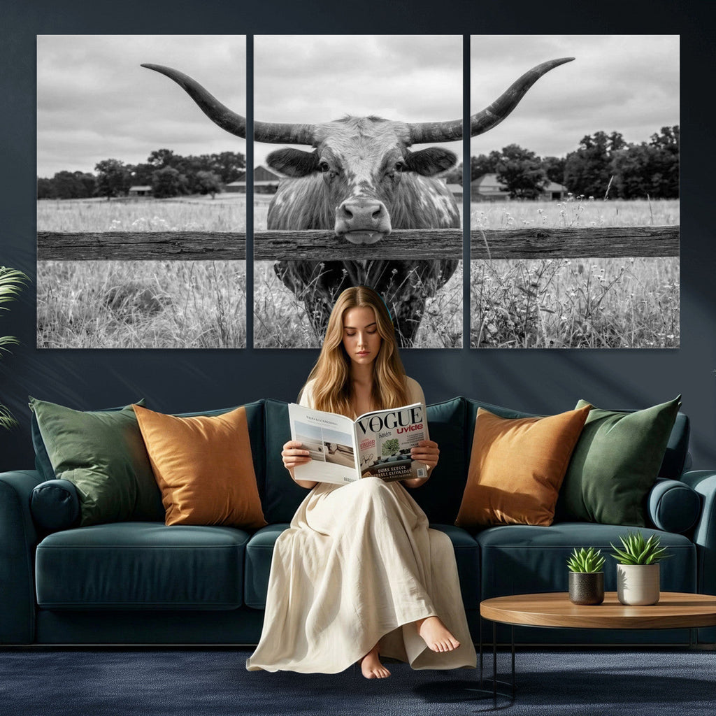 Black White Texas Longhorn Bull Canvas Wall Art, Western Ranch Cattle, Framed and Ready to Hang