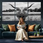 Black White Texas Longhorn Bull Canvas Wall Art, Western Ranch Cattle, Framed and Ready to Hang