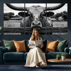 Black White Texas Longhorn Bull Canvas Wall Art, Western Ranch Cattle