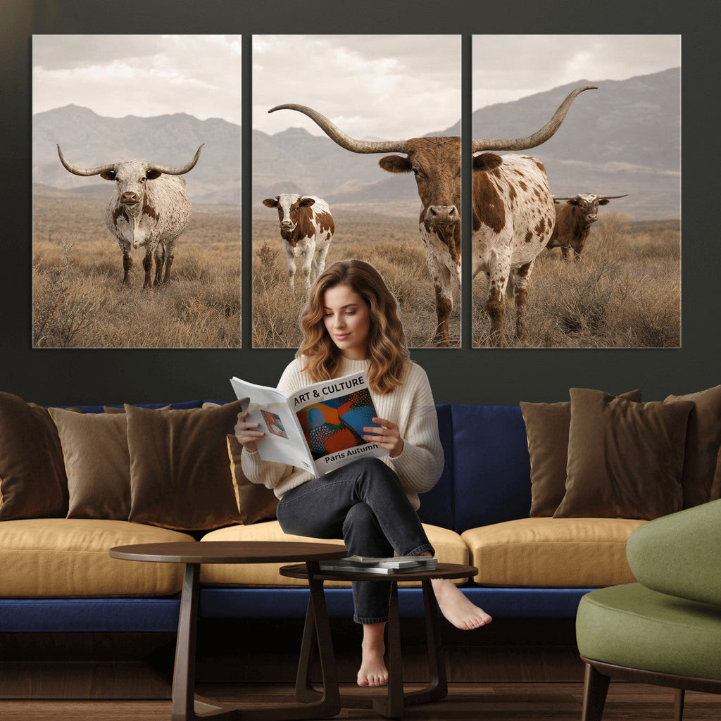 Rustic Texas Longhorn Cow Canvas Wall Art Print, Rustic Farm Animal