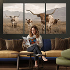 Rustic Texas Longhorn Cow Canvas Wall Art Print, Rustic Farm Animal