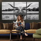 Black White Texas Longhorn Bull Canvas Wall Art, Western Ranch Cattle, Framed and Ready to Hang