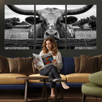 Black White Texas Longhorn Bull Canvas Wall Art, Western Ranch Cattle