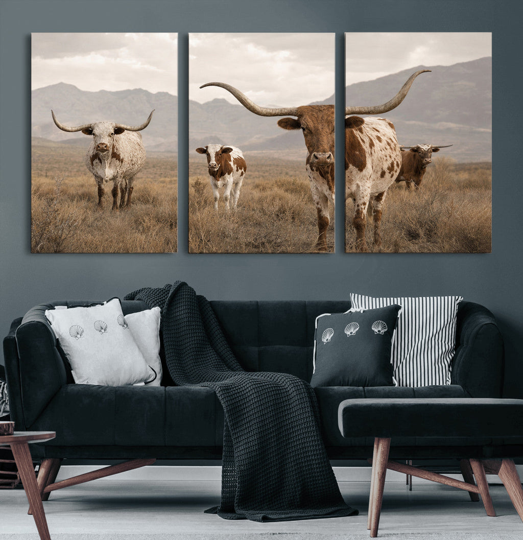 Rustic Texas Longhorn Cow Canvas Wall Art Print, Rustic Farm Animal