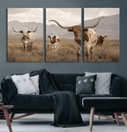 Rustic Texas Longhorn Cow Canvas Wall Art Print, Rustic Farm Animal
