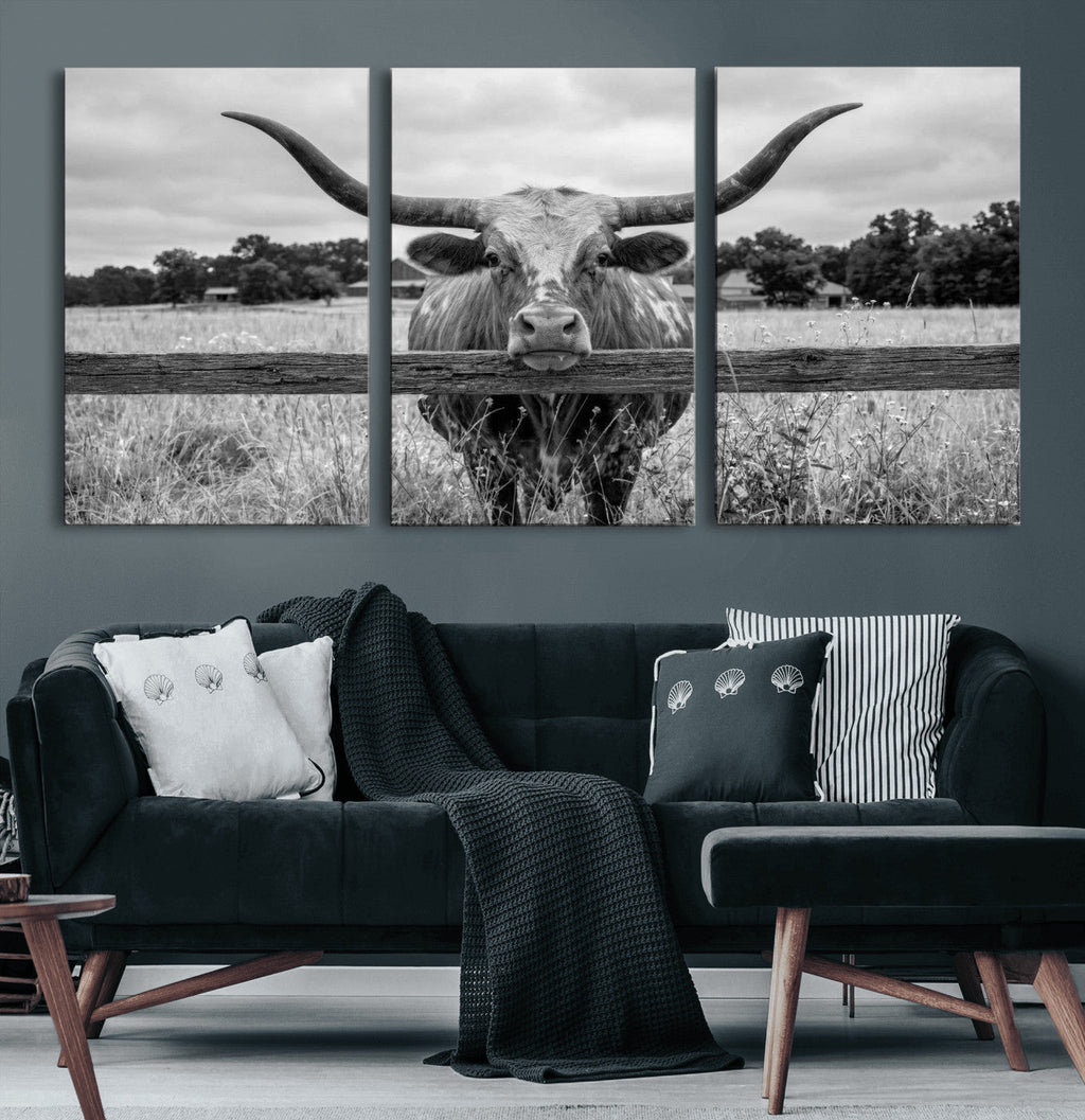 Black White Texas Longhorn Bull Canvas Wall Art, Western Ranch Cattle, Framed and Ready to Hang