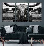 Black White Texas Longhorn Bull Canvas Wall Art, Western Ranch Cattle