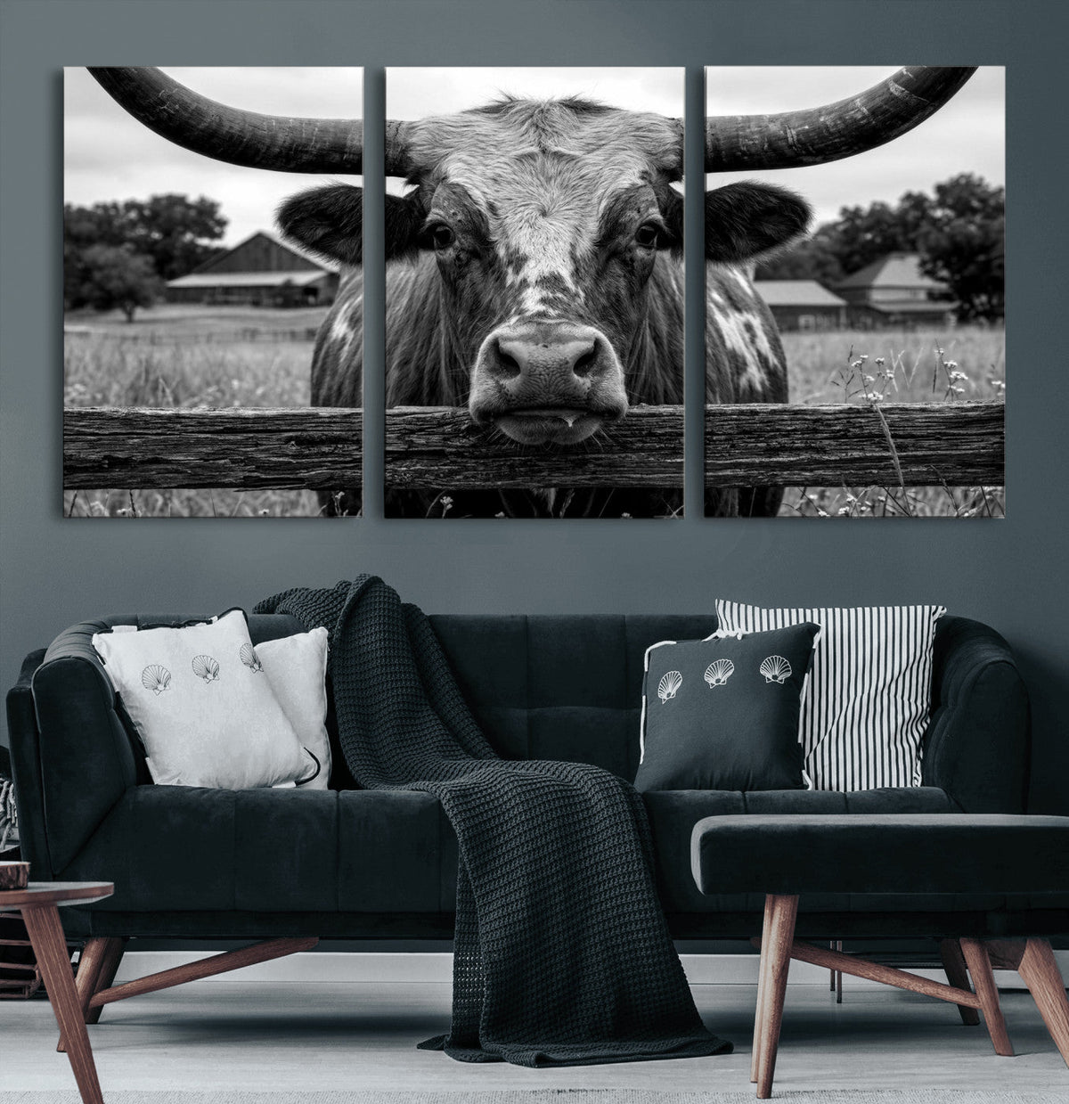 Black White Texas Longhorn Bull Canvas Wall Art, Western Ranch Cattle
