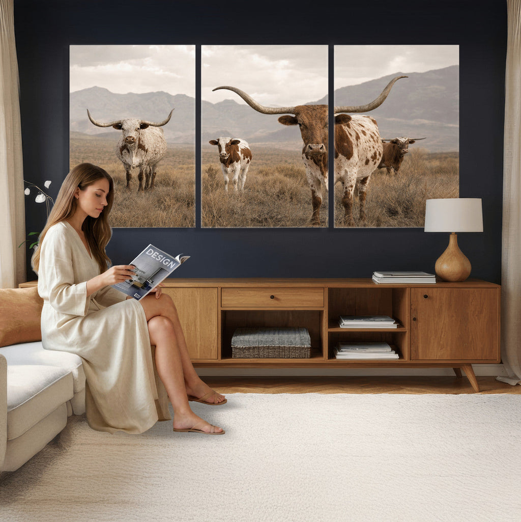 Rustic Texas Longhorn Cow Canvas Wall Art Print, Rustic Farm Animal