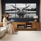 Black White Texas Longhorn Bull Canvas Wall Art, Western Ranch Cattle, Framed and Ready to Hang