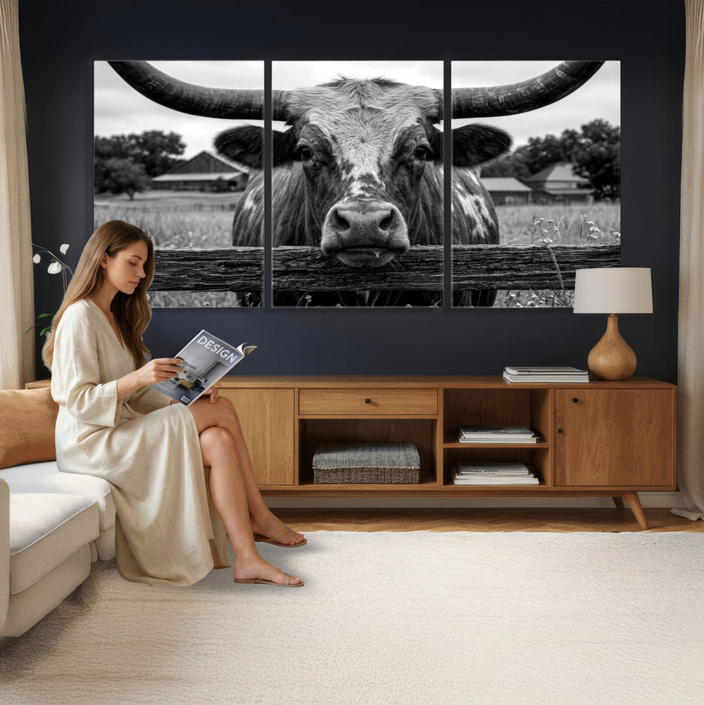 Black White Texas Longhorn Bull Canvas Wall Art, Western Ranch Cattle
