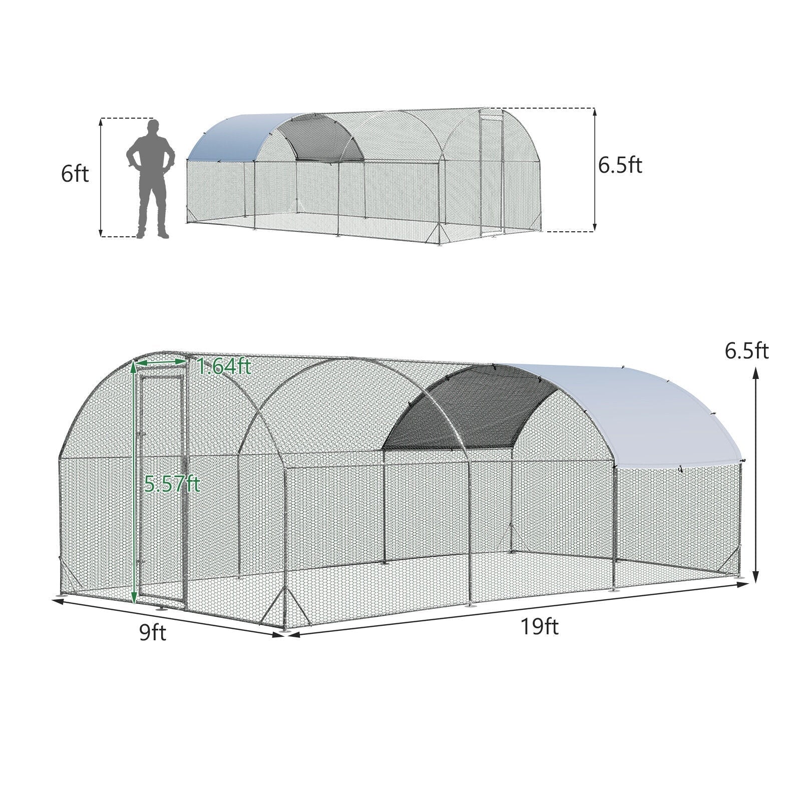 6.2 Feet/12.5 Feet/19 Feet Large Metal Chicken Coop Outdoor Galvanized Dome Cage with Cover-L