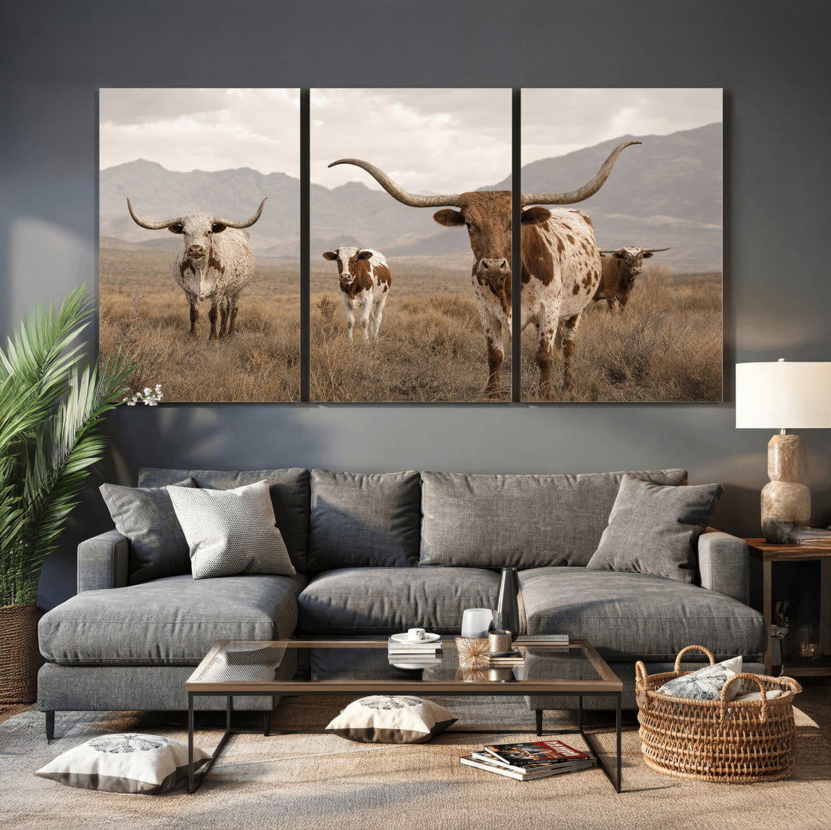 Rustic Texas Longhorn Cow Canvas Wall Art Print, Rustic Farm Animal