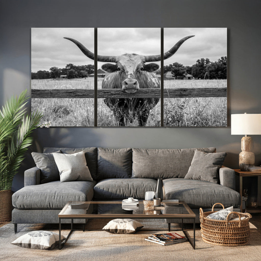 Black White Texas Longhorn Bull Canvas Wall Art, Western Ranch Cattle, Framed and Ready to Hang