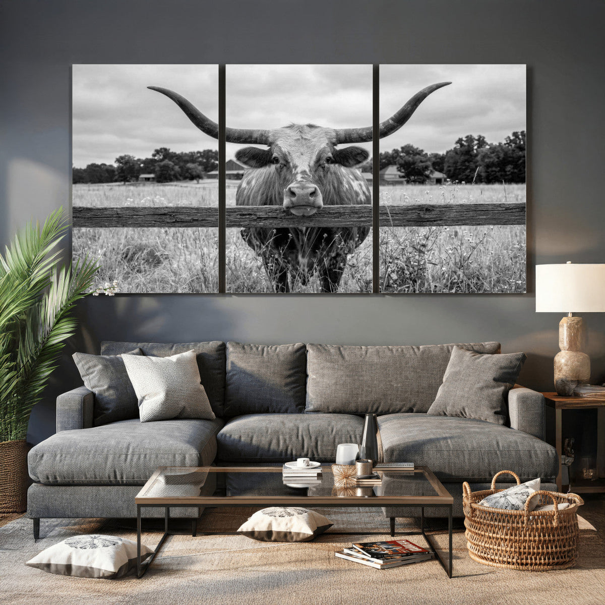 Black White Texas Longhorn Bull Canvas Wall Art, Western Ranch Cattle, Framed and Ready to Hang