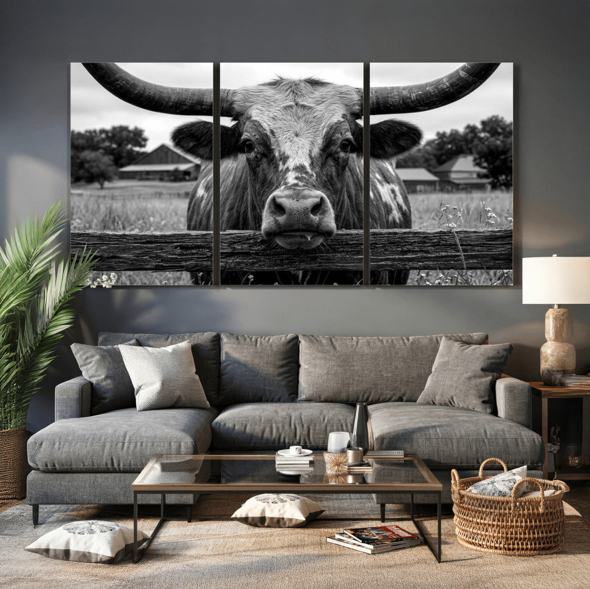 Black White Texas Longhorn Bull Canvas Wall Art, Western Ranch Cattle