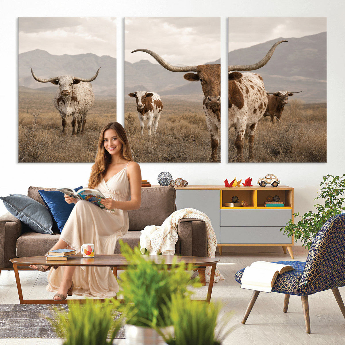 Rustic Texas Longhorn Cow Canvas Wall Art Print, Rustic Farm Animal