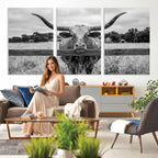 Black White Texas Longhorn Bull Canvas Wall Art, Western Ranch Cattle, Framed and Ready to Hang