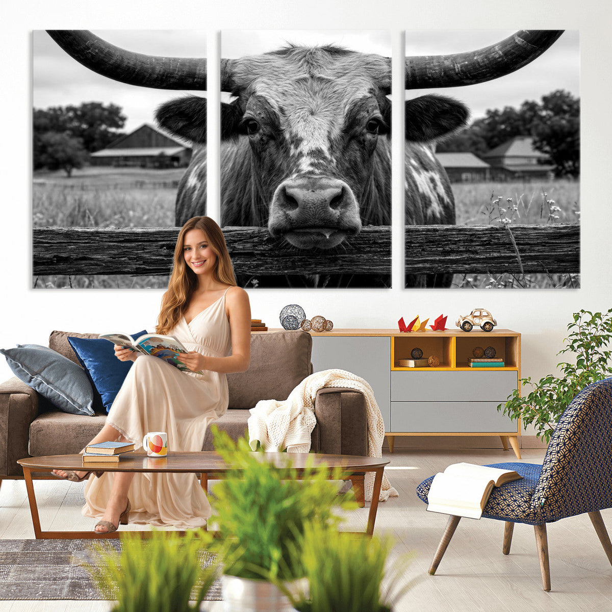 Black White Texas Longhorn Bull Canvas Wall Art, Western Ranch Cattle