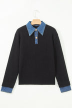 Denim Patchwork Collar Cuffed Long Sleeve Sweater