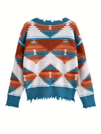 Geometric Frayed Hem V-Neck Long Sleeve Sweater 4 Color Options