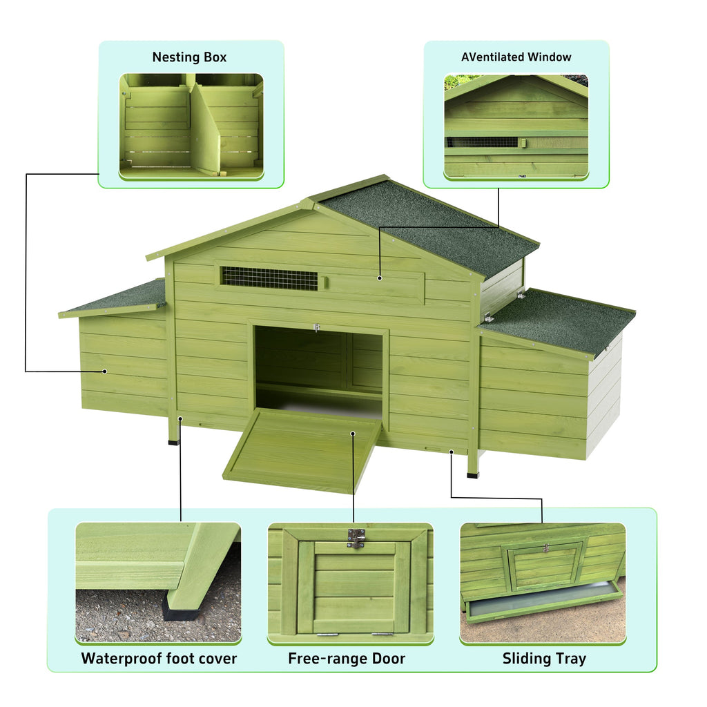 70" Large Wooden Chicken Coop with 2 Nesting Boxes and Waterproof Roof