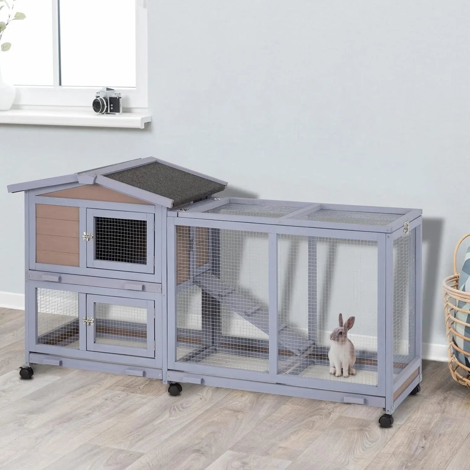 Rabbit Cage Wooden Rabbit Hutch Two Layers Chicken Coop Outdoor Indoor Guinea Pig Cage Bunny Cage Waterproof Roof Bunny