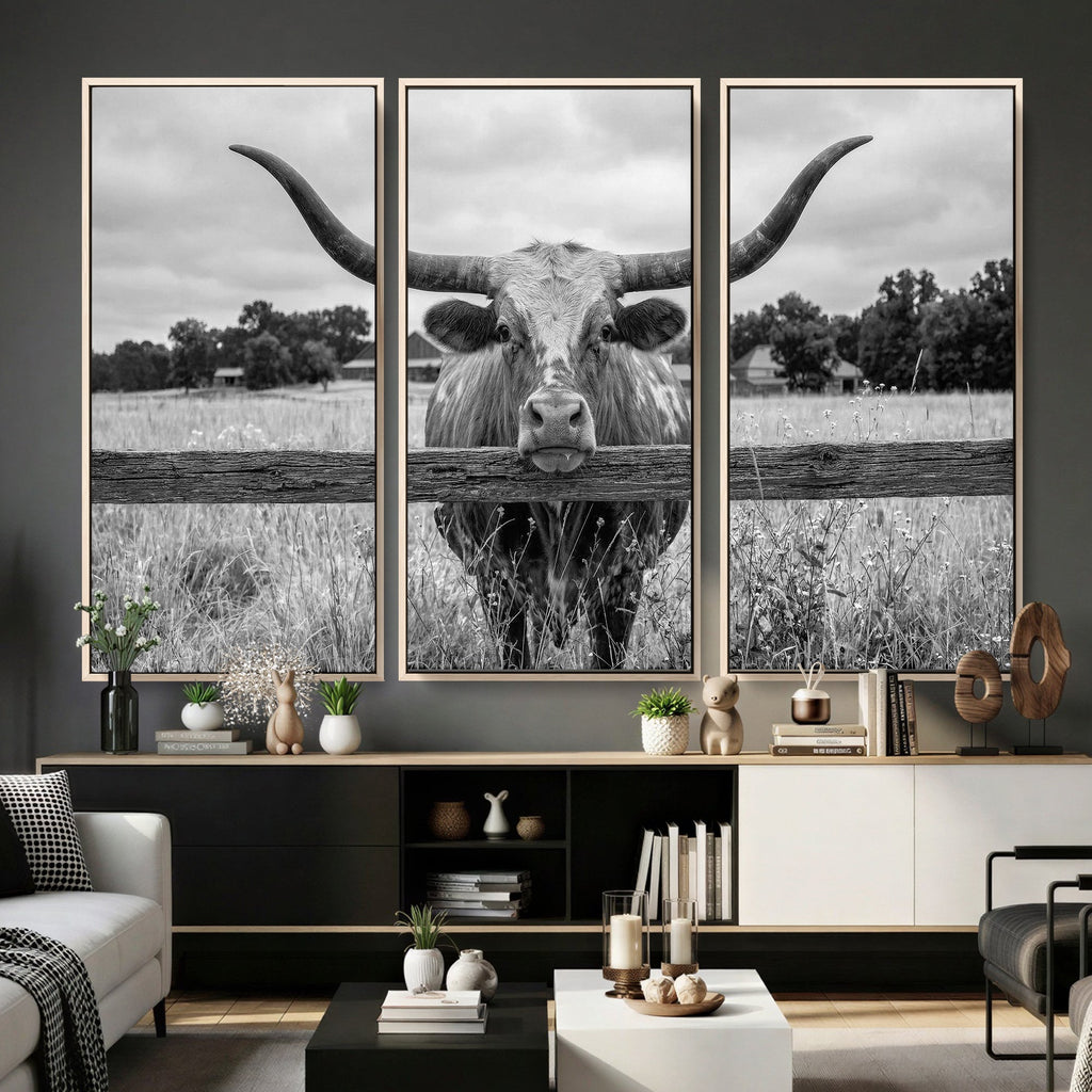 Black White Texas Longhorn Bull Canvas Wall Art, Western Ranch Cattle, Framed and Ready to Hang