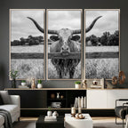 Black White Texas Longhorn Bull Canvas Wall Art, Western Ranch Cattle, Framed and Ready to Hang