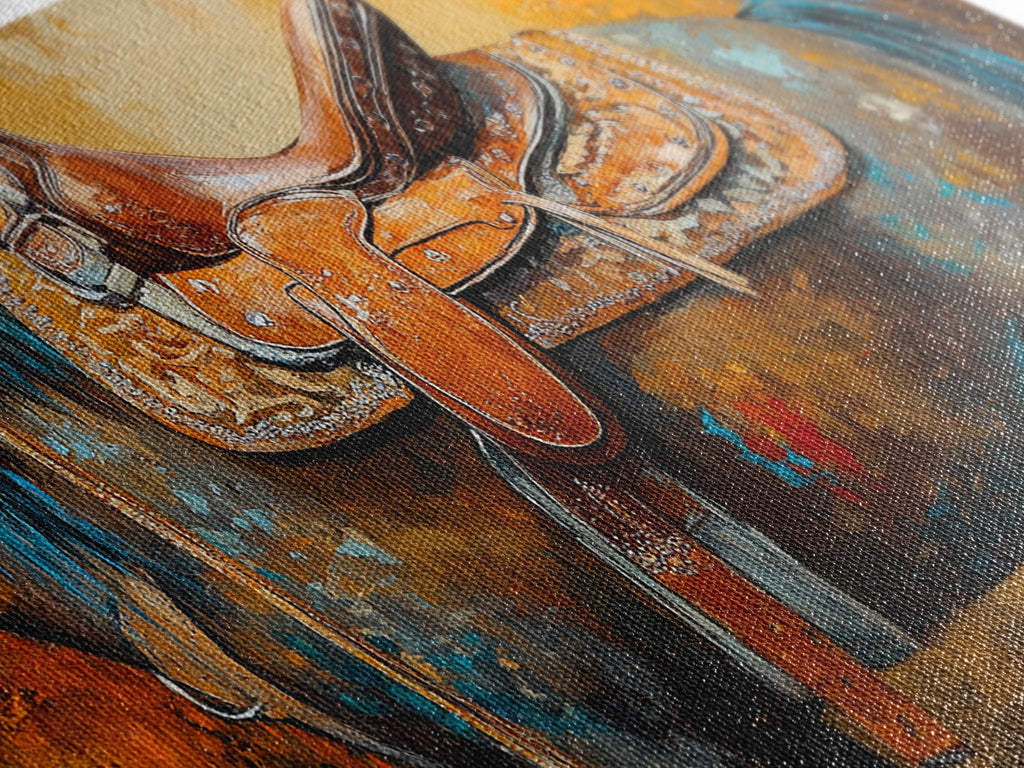 Western Saddle Art, Canvas Print, Rustic Decor, Moody Art, Southwest Wall Art, Extra Wide Art, Above Bed Wall Art, Farmhouse Wall Art