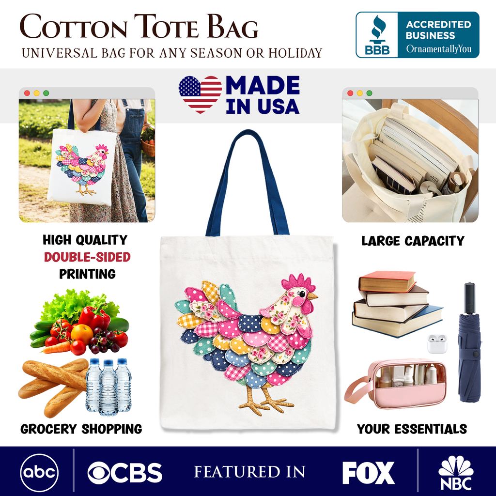 Floral Chicken Printed Faux Patchwork Tote Bag, Coquette Hen Farmhouse Gift Shopper