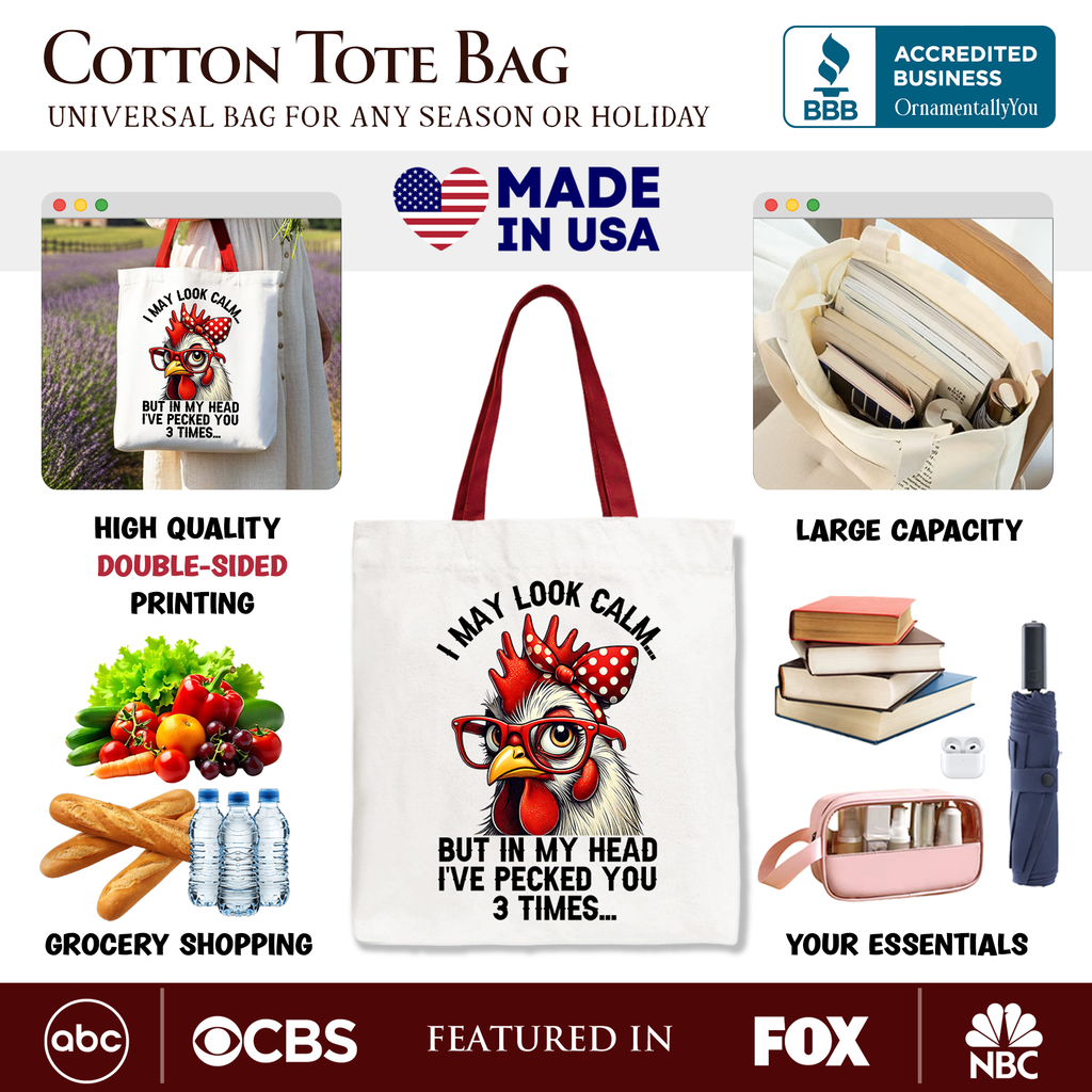 Pecking Chicken Tote Bag, Red Glasses and Bow White Gift Shopper for Sassy Women