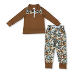 Long sleeves brown zipper pullover leaves pants boys outfits