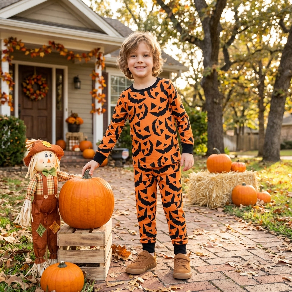 Black long sleeves pumpkin boys Halloween pajamas set