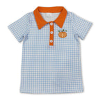 Plaid orange pumpkin embroidery boy fall polo shirt