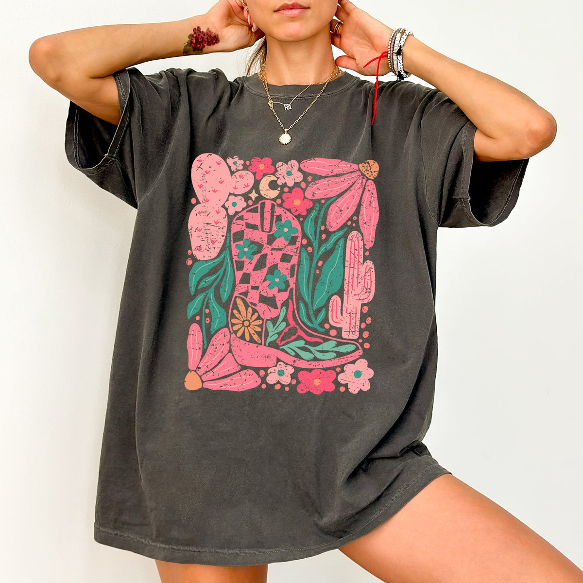Boho Floral Cowboy Boots Colorful Summer Western Country Floral Edition Comfort Colors Tee
