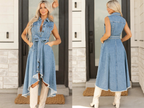 Women's Sleeveless Denim Midi Dress – Irregular Hem Button-Front