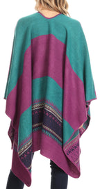 Sakkas Mari Women's Reversible Large Poncho Shawl Wrap Scarf Cape Ruana Blanket