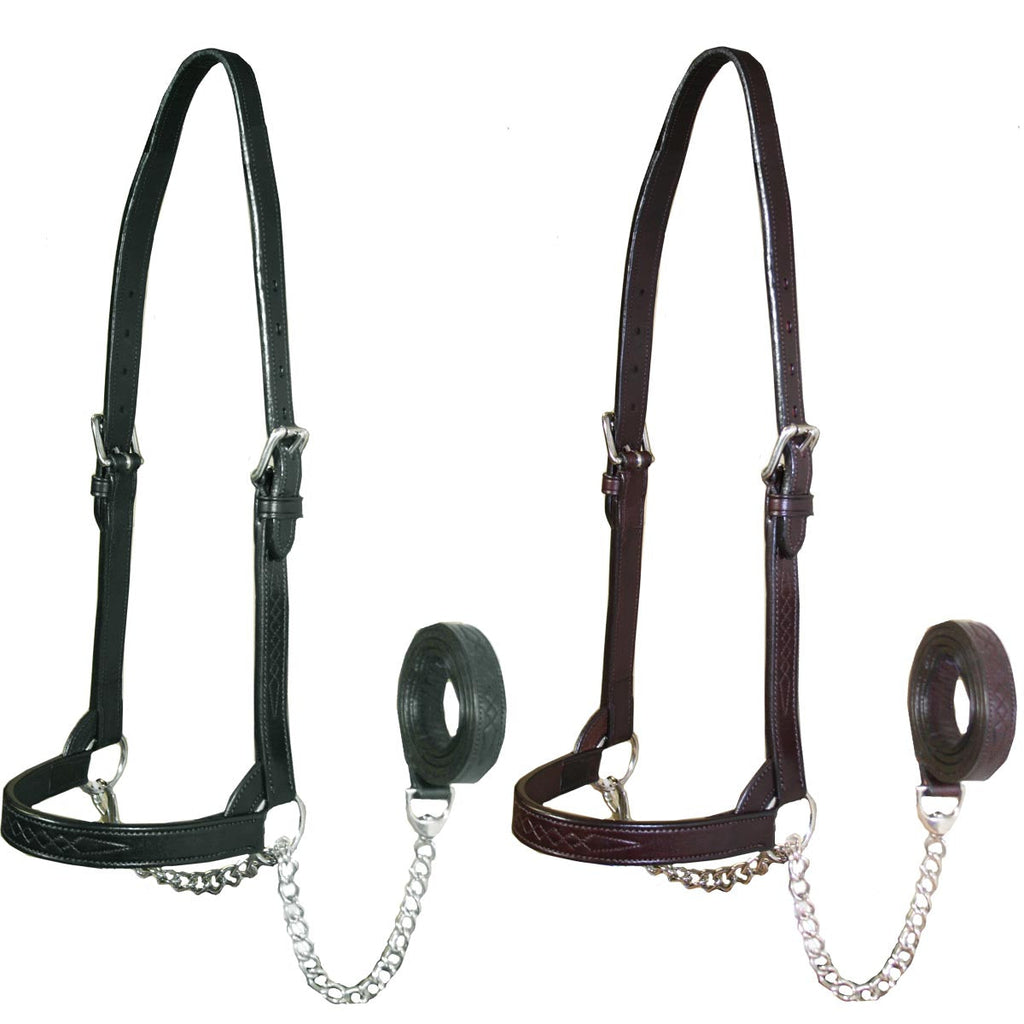 Derby Originals Premium Fancy Stitch Flat Leather Cattle Show Halter – Adjustable Fit with 48" Lead and 14" Chain, Small/Medium/Large – 1-Year Warranty