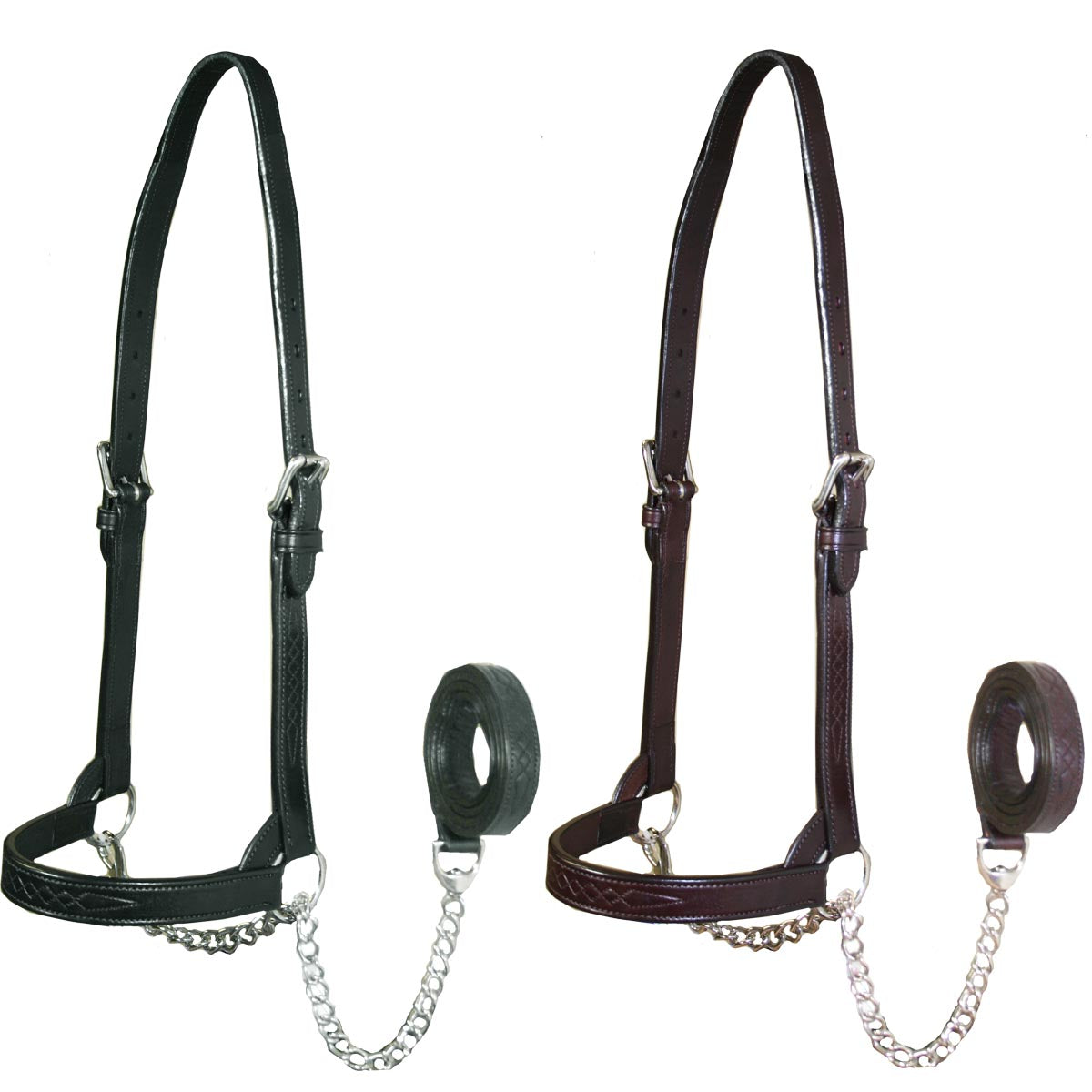 Derby Originals Premium Fancy Stitch Flat Leather Cattle Show Halter – Adjustable Fit with 48" Lead and 14" Chain, Small/Medium/Large – 1-Year Warranty