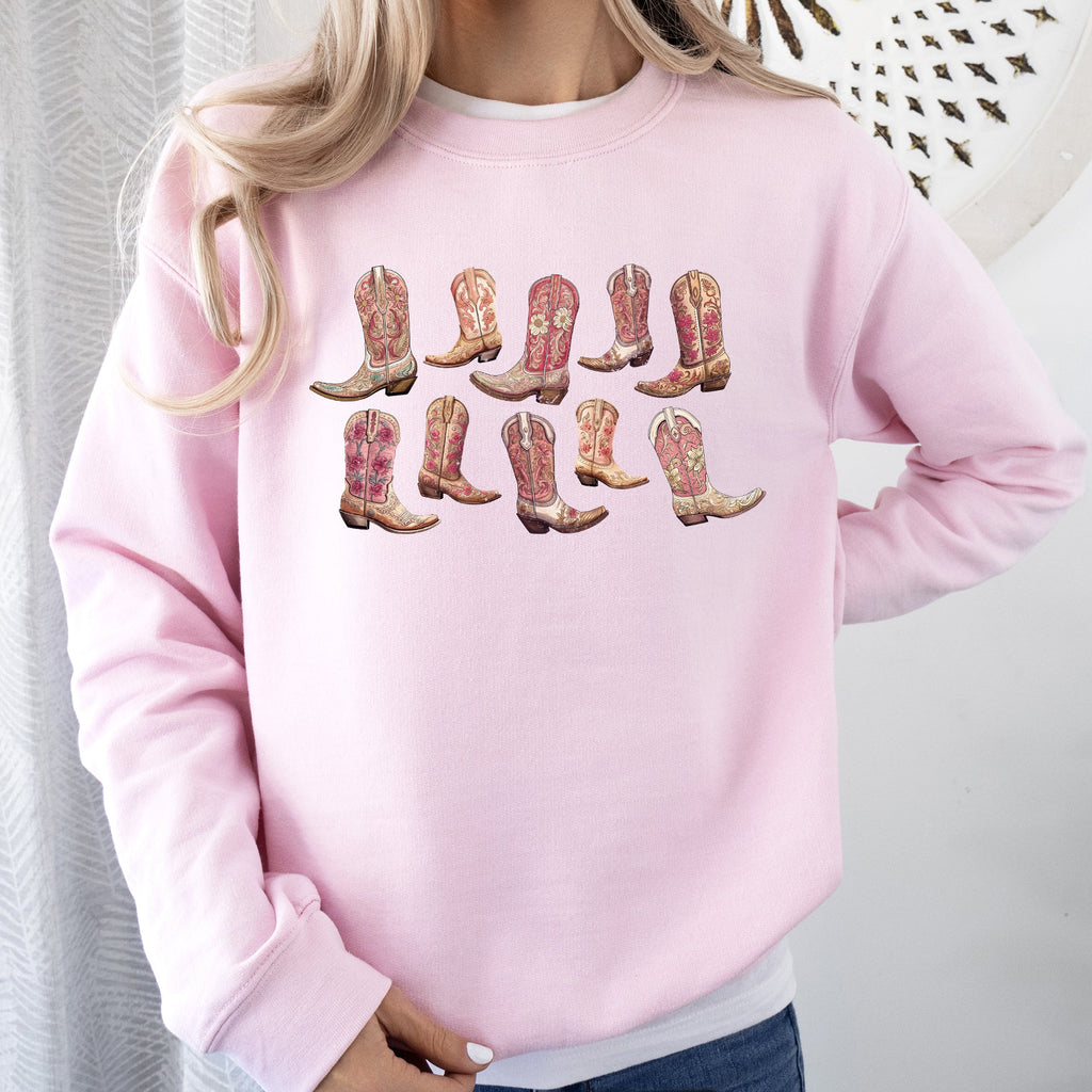 Colorful Pink Cowboy Boots Western Cowgirl Graphic Rodeo Spirit Pattern Sweatshirt