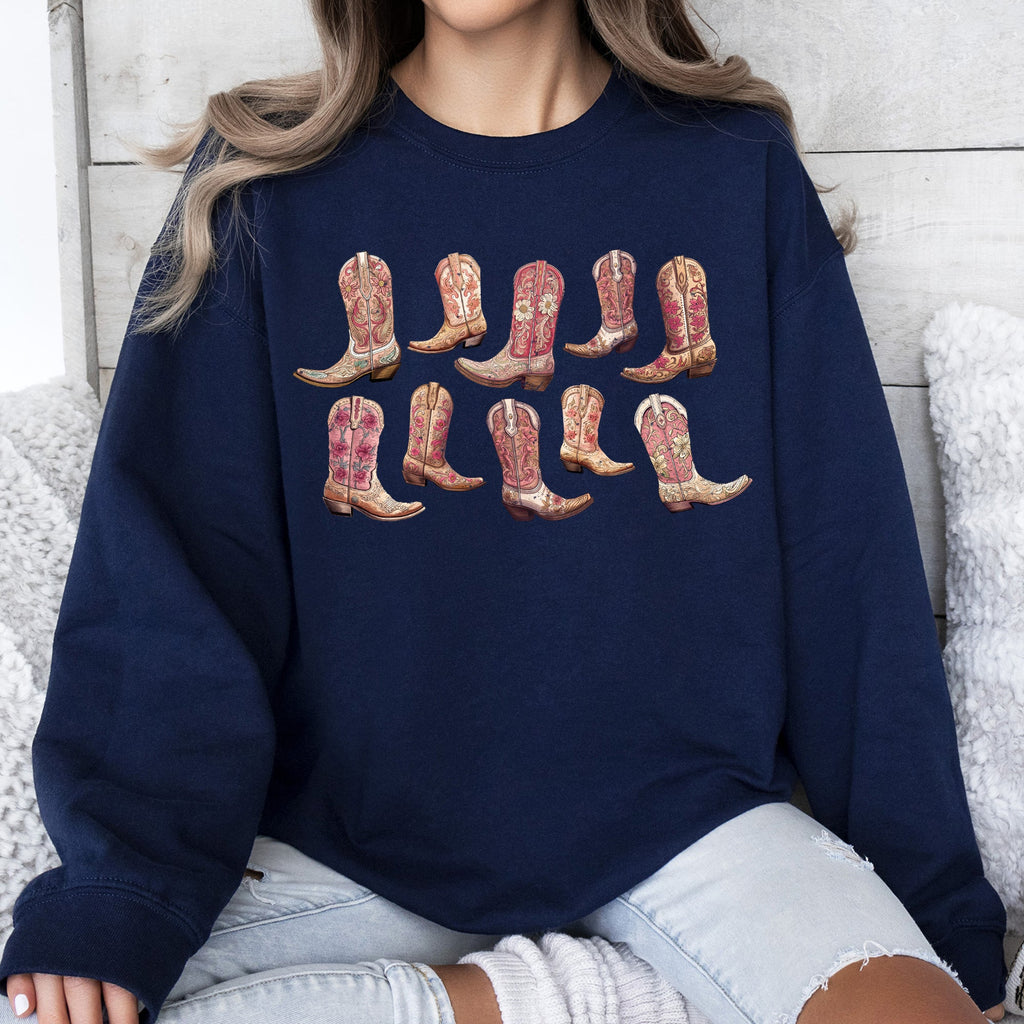 Colorful Pink Cowboy Boots Western Cowgirl Graphic Rodeo Spirit Pattern Sweatshirt