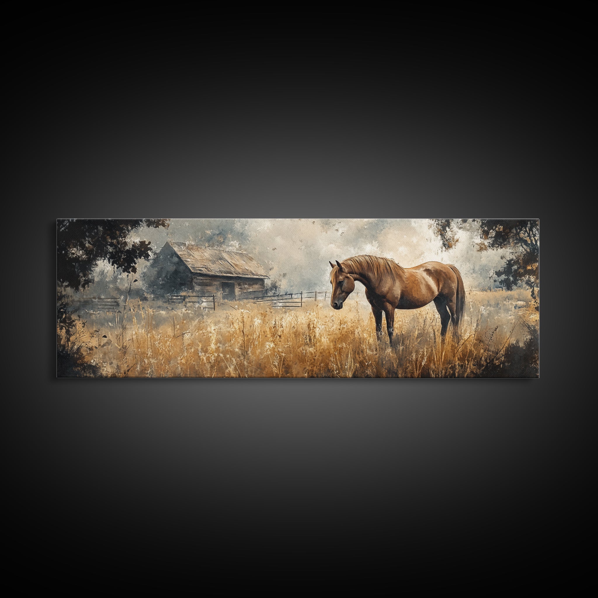 Framed Canvas Print Rustic Horse Art Vintage Farmhouse Decor Barn Landscape Oil Painting Above Couch Wall Art