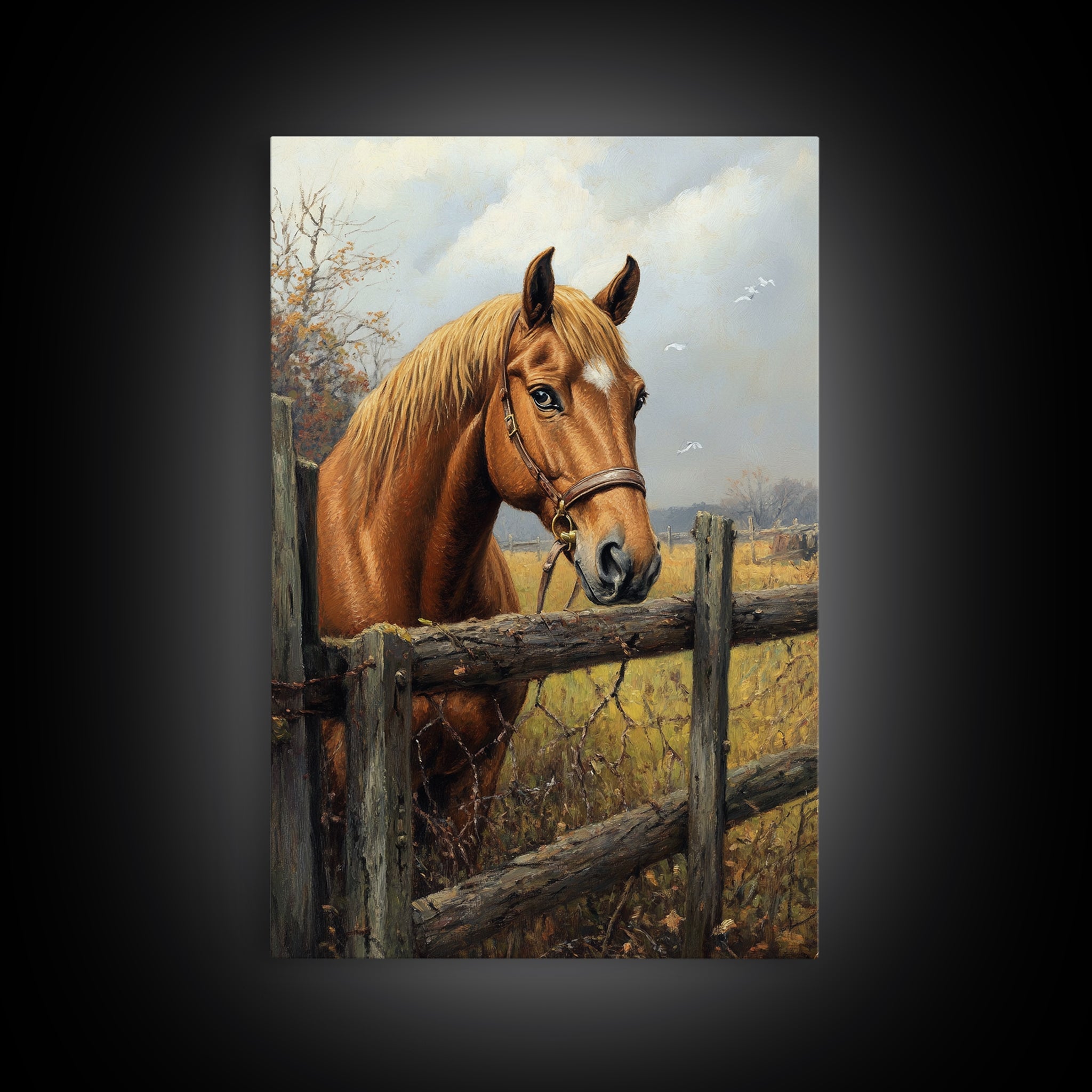 Farmhouse Horse Framed Canvas Print, Rustic Landscape Painting, Fall Bedroom Art, Gift Idea for Her, Cottagecore Wall Art