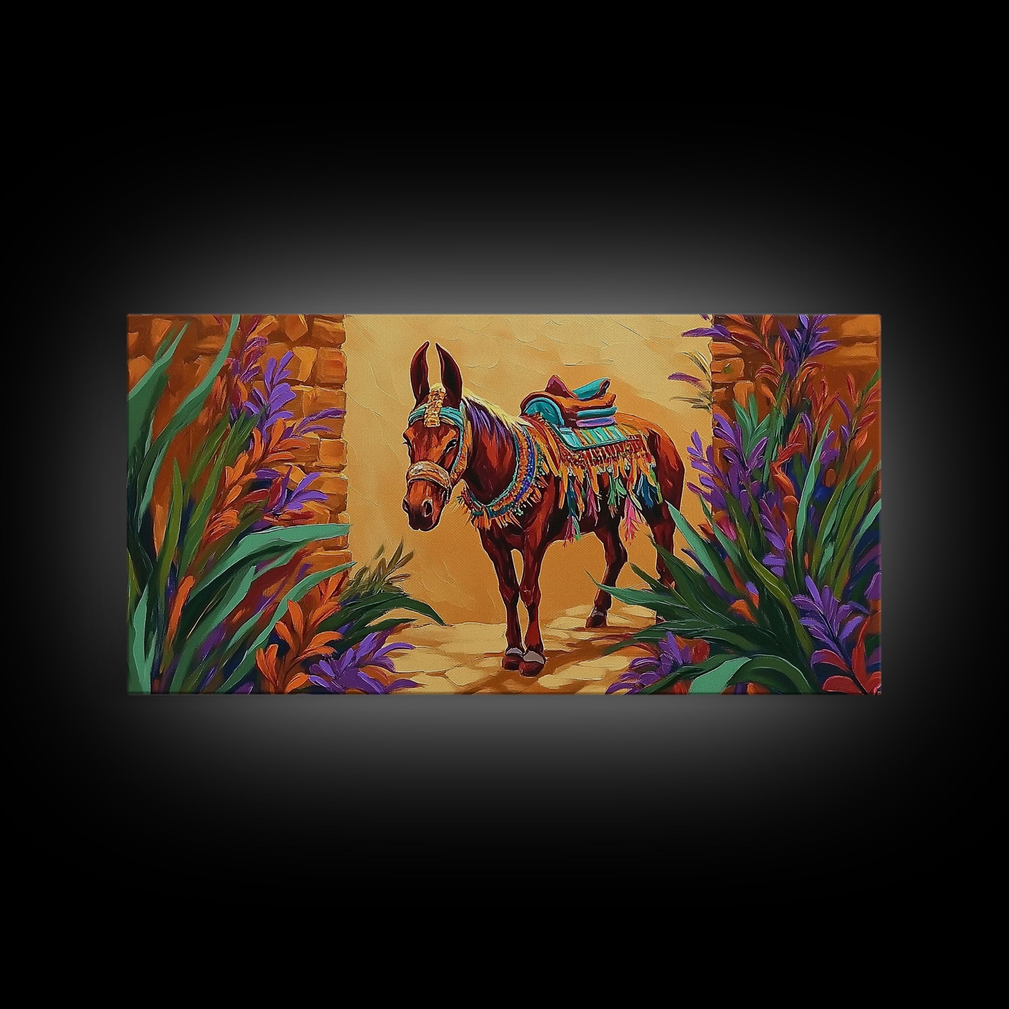 Fiesta Mule, Desert Horse, Rustic Charm, Framed Canvas Print, Western Wall Art, Entryway Decor, Colorful Southwest Painting