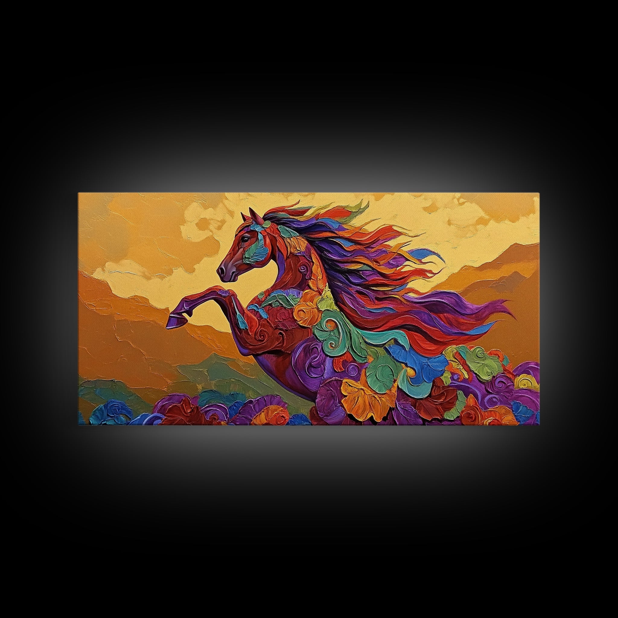 Horse Spirit, Sunset, Boho, Framed Canvas Print colorful western wall art, wild horse living room decor, boho equestrian nature artwork