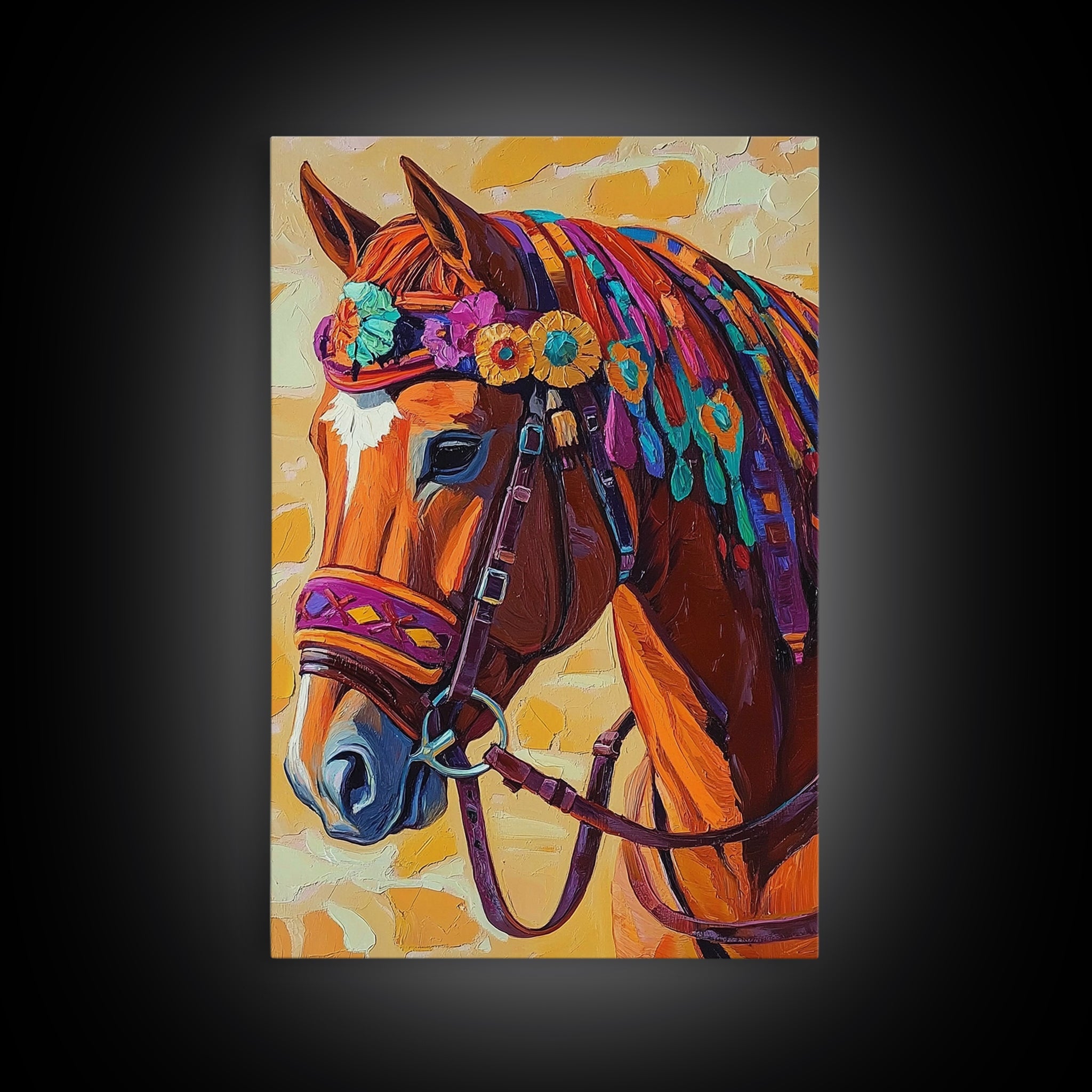 Horse Floral, Boho, Western, Framed Canvas Print colorful western horse painting, vibrant floral cowgirl decor, rustic farmhouse wall art
